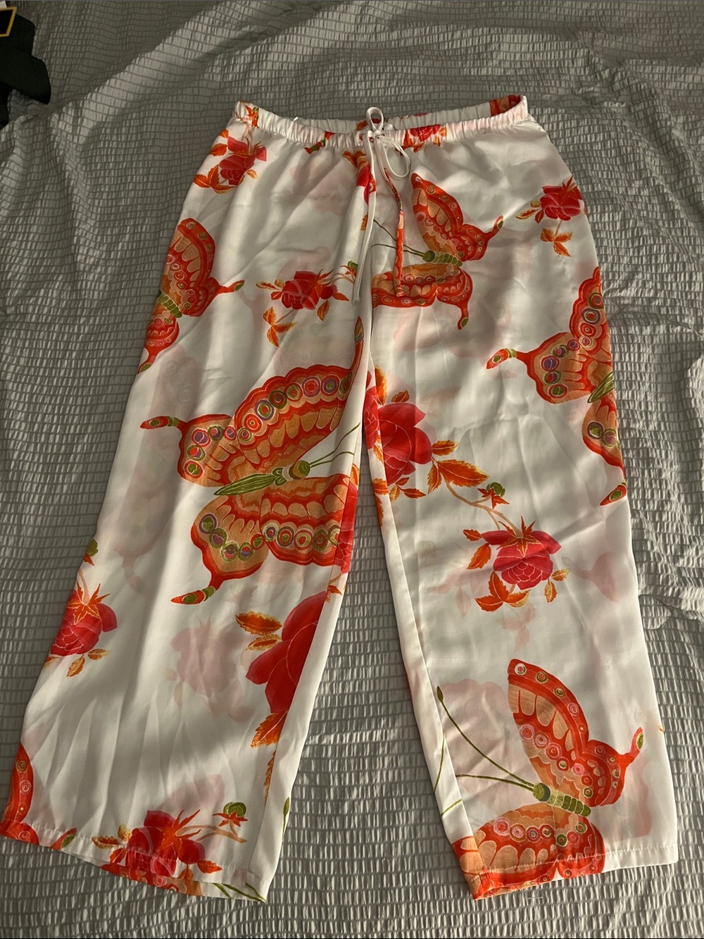 Natori White Satin Pajama Pants with Red-Orange Butterfly & Floral Print